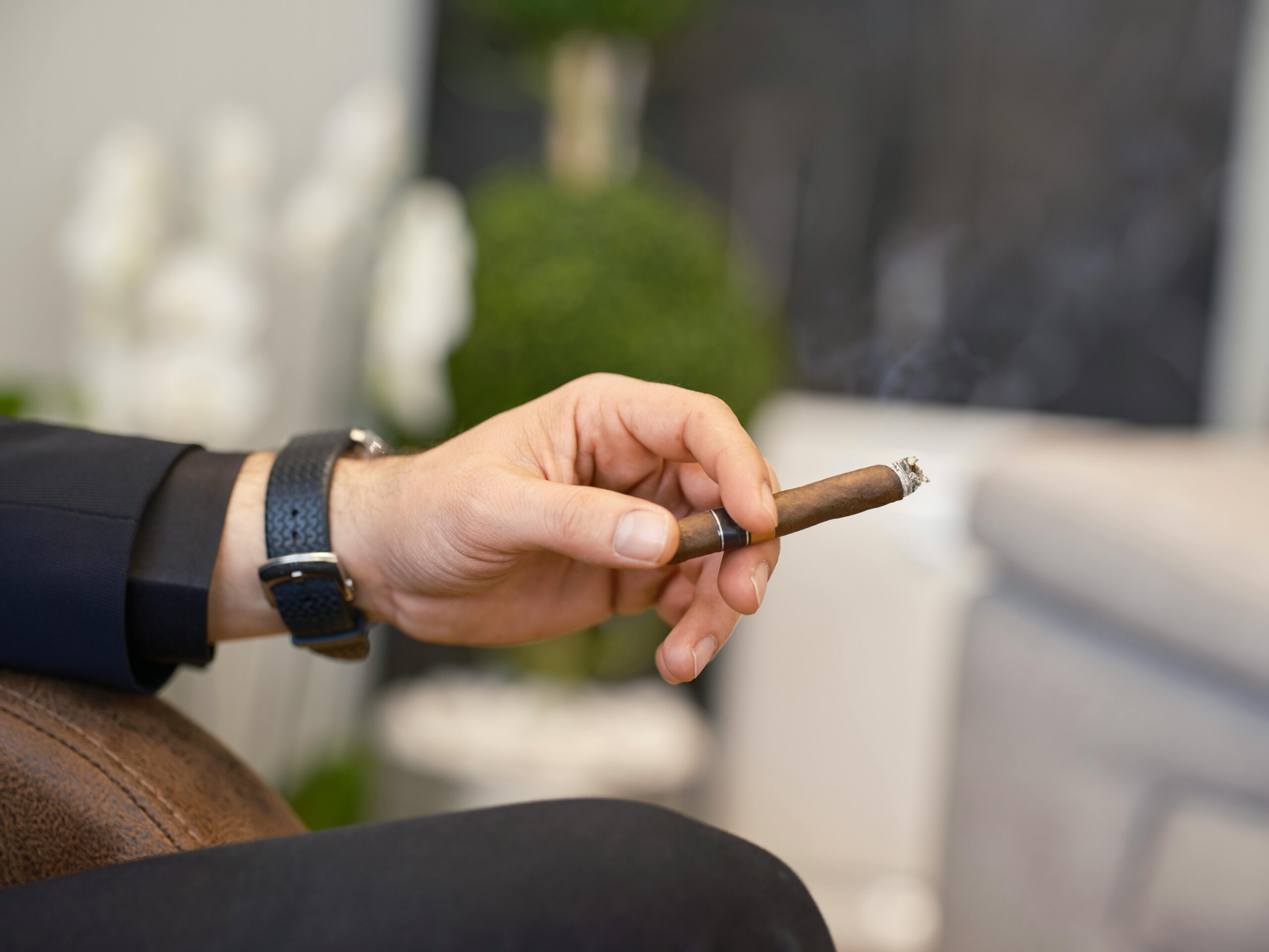 Close-up of a man's hand holding a cigar indoors, conveying elegance and relaxation.