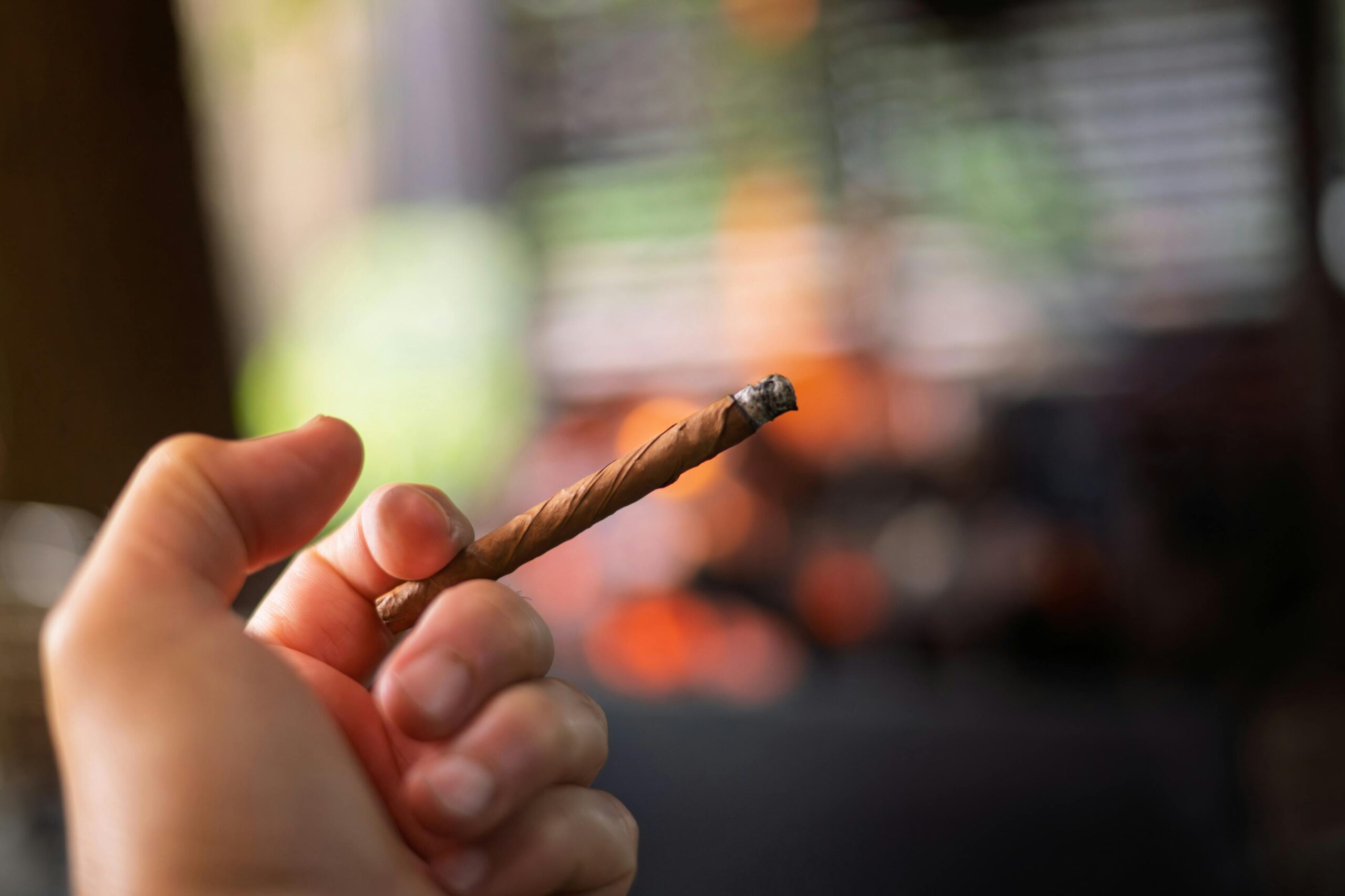 A hand holds a burnt incense stick with a blurred background.